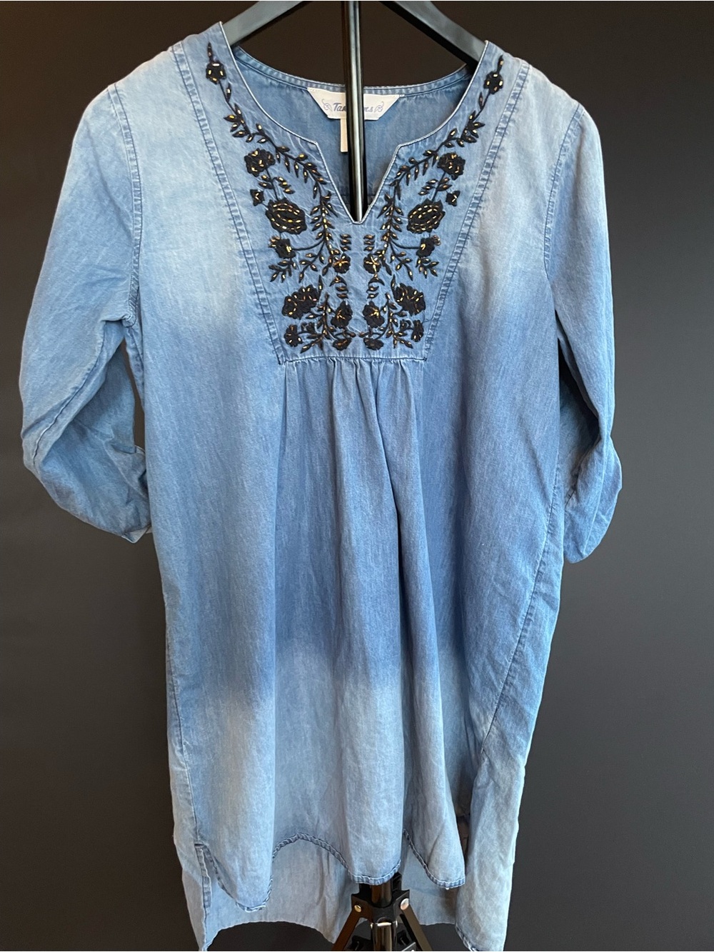 Tantrums Chambray Tunic Dress Embroidered Beaded Neck Boho Small